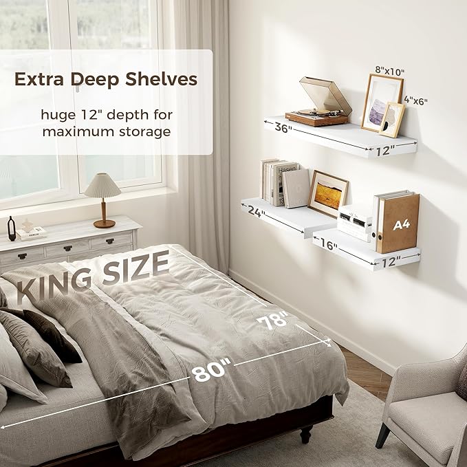 12 Inch Deep White Floating Shelves, 16 x 12 Floating Shelf for Books, Rustic Wood Deep Wall Shelves for Home Storage & Display, 2" Thicked Shelves for Kitchen, Living Room, Bedroom, 2 Pack