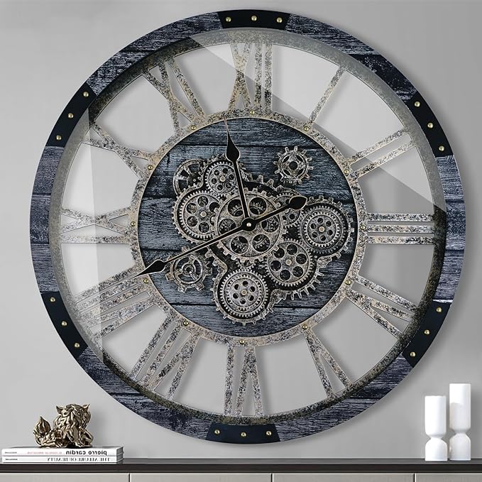 30 Inch Industrial Steampunk Wall Clock, Gray, Battery Operated, Real Rotating Gears, Solid Wood Frame, Oversized Wall Clock for Living Room Decor