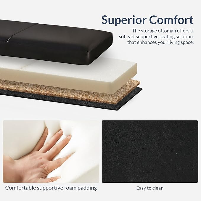 BELLEZE 47 Inch Storage Ottoman, Faux Leather Storage Bench Bedroom Bench with Safety Close Hinge, Ottoman with Storage for Living Room, Entryway, Hallway, Foot Rest, Support 300lbs - Black