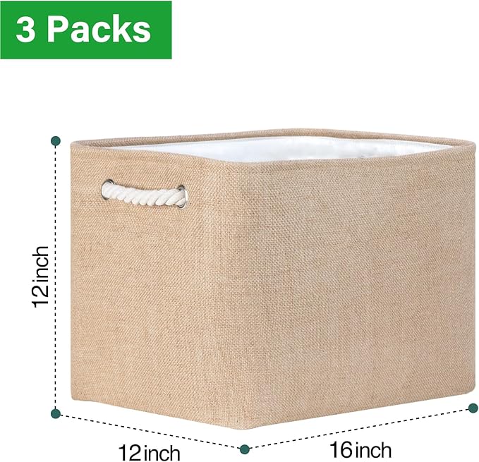 Bidtakay Fabric Storage Baskets for Shelves 3 Pack Large Storage Bins for Organizing Linen Collapsible Organizer for Closet-Flaxen
