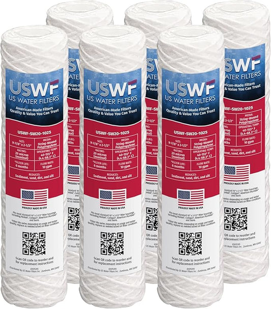 20 Micron 10 Inch x 2.5 Inch | 6-Pack String-Wound Polypropylene Whole House Sediment Cartridge | Compatible with OmniFilter RS3-DS, Hydronix SWC-25-1020 | Made in the USA, US Water Filters