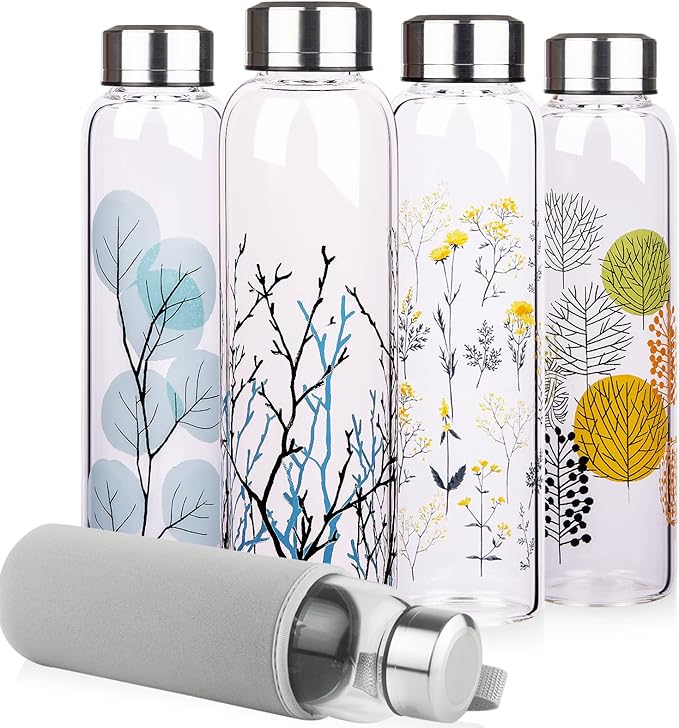 Borosilicate Glass Water Bottle, Sports Glass Drinking Bottle with Neoprene Sleeve and Stainless Steel Lid 16oz / 32oz (16oz, Tree Branches)