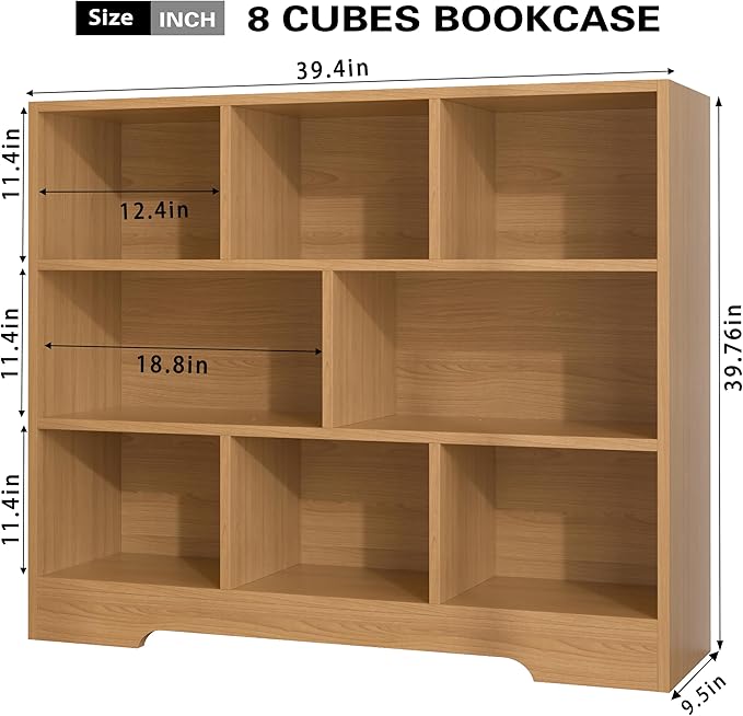 Book Shelf, 8 Cubes Storage Organizer, Freestanding Wooden Bookshelf Cube Shelf for Bedroom, Living Room, Home Office, 3-Tier Open Shelf Wooden Bookcase