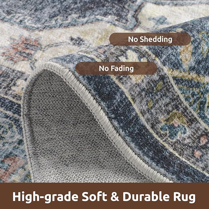 AMOAMI-2X6 Runner Rug-Washable Runners for Hallways-Soft Non Slip Bedside Rugs for Bedroom-Vintage Long Rug for Hallways Entryway Laundry Room Stair Kitchen Bathroom Blue