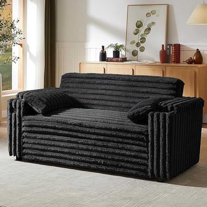 57-Inch Velvet Full Size Sleeper Sofa Couch with Pullout Bed,Convertible Pull Out with Golden Decorative Strip and Adjustable Backrest for Small Spaces,Apartment, Guest Room, RV (1109Black)