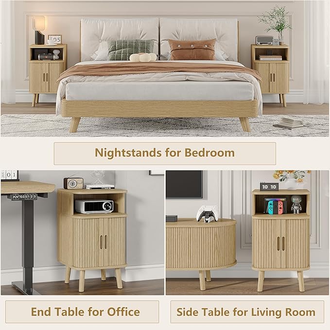 Alohappy Mid Century Modern End Table, Fluted Wood Nightstand with Sliding Tambour Door, Curved Round Edge Side Table with Storage Cabinet for Bedroom, Living Room, Natural Oak