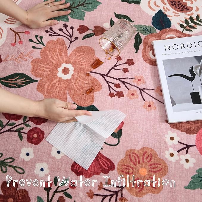 Bedroom Rug 3x5 Rug Washable Area Rug Non Slip Low Pile Boho Floral Small Carpet for Bedroom, Bedside, Kitchen, Entryway, Kids Room, Office, College Dorm Essentials for Girls(Pink)