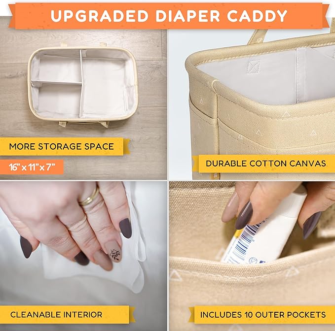 Baby Diaper Caddy Organizer - Baby Shower Basket | Large Nursery Storage Bin for Changing Table | Car Travel Tote Bag | Newborn Registry Must Have | Bonus Bottle Cooler | Beige