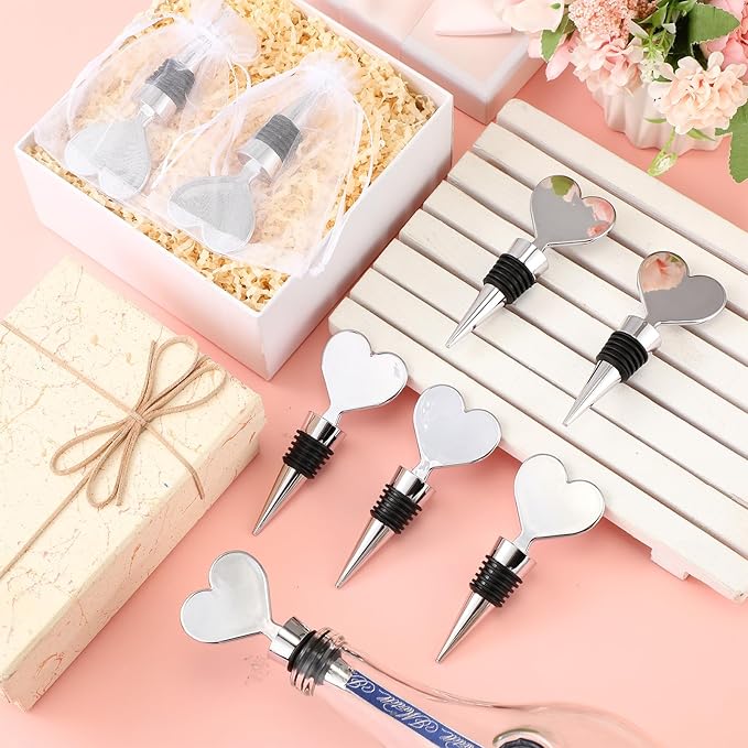 Blank Heart Shape Wine Stopper Stainless Steel Beer Stopper Blank Board Stopper with White Sheer Organza Bags Wedding Favor for Guests Wine Party Gifts Bridal Shower(Silver,36 Sets)