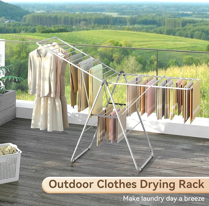 APEXCHASER Clothes Drying Rack, Foldable Drying Rack Clothing, Sturdy Metal Laundry Drying Rack, Height-Adjustable Gullwing, Easy to Fold, Space-Saving, for Indoor Outdoor, White