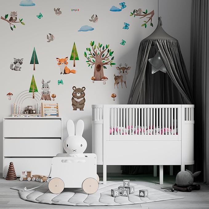 Animals Wall Decals for Kids by Lipastick – Cartoon Animal Wall Stickers – Forest Animal Wall Decals for Kids Boys Baby Girls – Kids Wall Decals Bear Fox Deer Hare Raccoon Owl S Size
