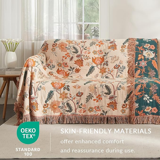Boho Throw Blanket for Couch Sofa Bed, 100% Cotton Woven Quilt with Tassel 80”x90”, Super Soft Muslin Blanket with Floral Printed, Decorative Reversible Bed Blanket/Cover for All Seasons