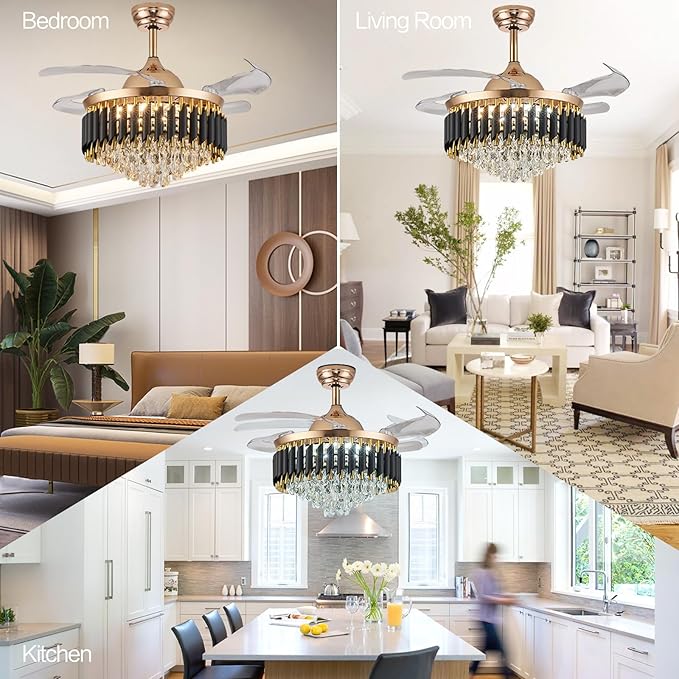 52" Gold Chandelier Ceiling Fans with Lights Crystal Ceiling Fan Chandelier Ceiling Fan with Lights Retractable Blade Fandelier Bladeless Ceiling Fans for Dinning Room Living Room Kitchen Foyer