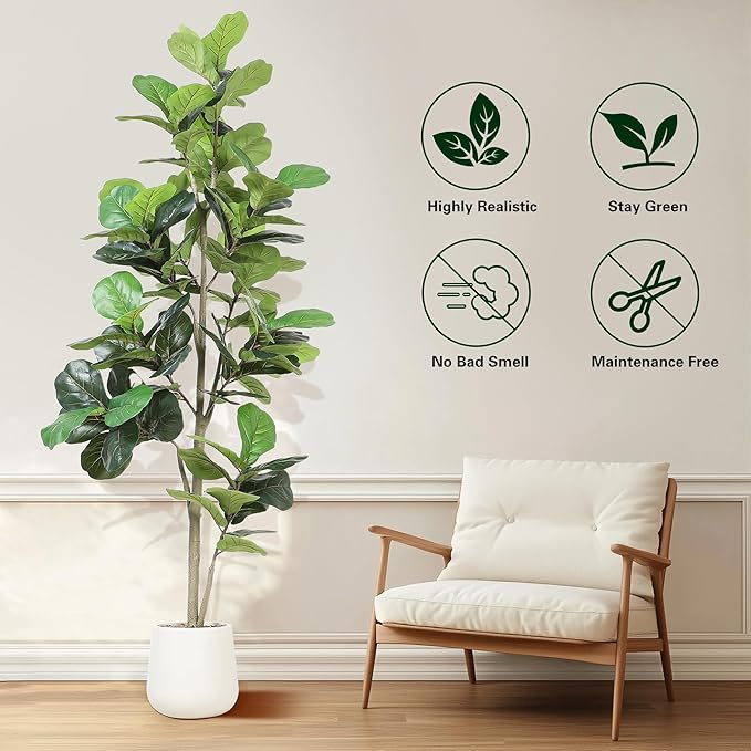 Artificial Fiddle Leaf Tree, 7ft Faux Plant Fake Ficus Lyrata Trees with White Planter, Artificial Fig Trees Floor Plants for House Office Living Room Indoor Home Decor, Housewarming Gift