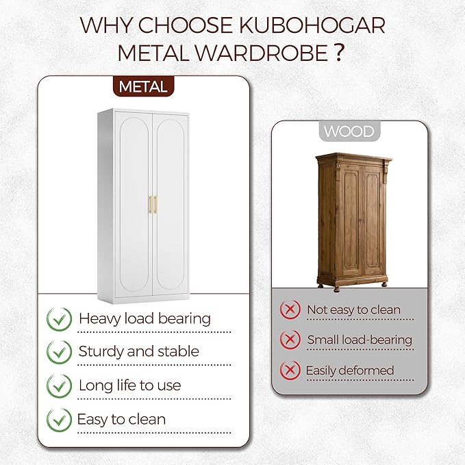 71" White Wardrobe Closet with 2 Doors, Metal Armoire Wardrobe Cabinet with Hanging Rod and Adjustable Shelves, Clothing Storage Cabinets for Bedroom, Laundry Room, Home Office