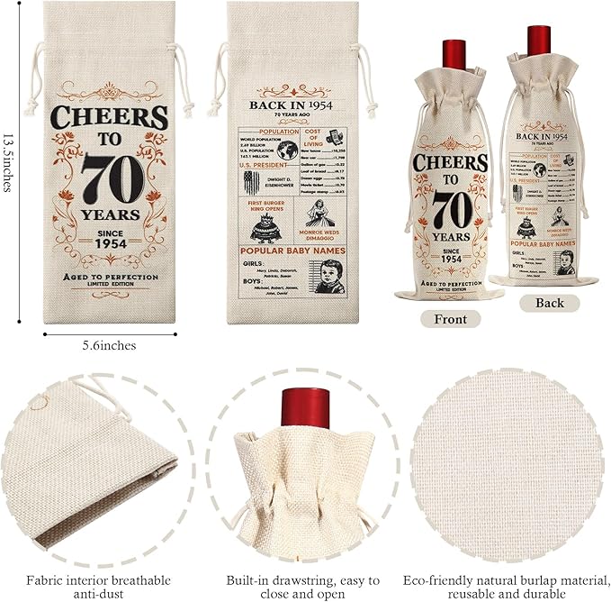 2Pcs 70th Birthday Gifts for Women Men Back in 1954 Birthday Gift 70 Years Old Gift Birthday Decoration Wine Bag Gift for Her Him Wine Gift Bag 70th Turning 70