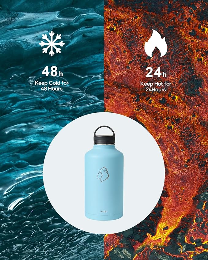 BUZIO Water Bottle with Straw lid, Spout Lid, Hand Lid and Carrying Pouch, 32oz 40oz 64oz Stainless Steel Water Flask Jug, Cold for 48 Hrs Hot for 24 Hrs Double Vacuum Thermo Canteen Mug, BPA-Free