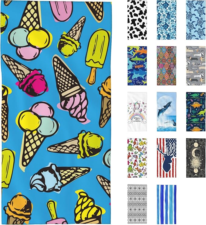 Beach Towel, Vintage Ice Cream Doodle Beach Towel Oversized Sand Proof Absorbent, Quick-Dry Bath Pool Swim Towel for Shower Spa Vacation, 29.5” X 59”