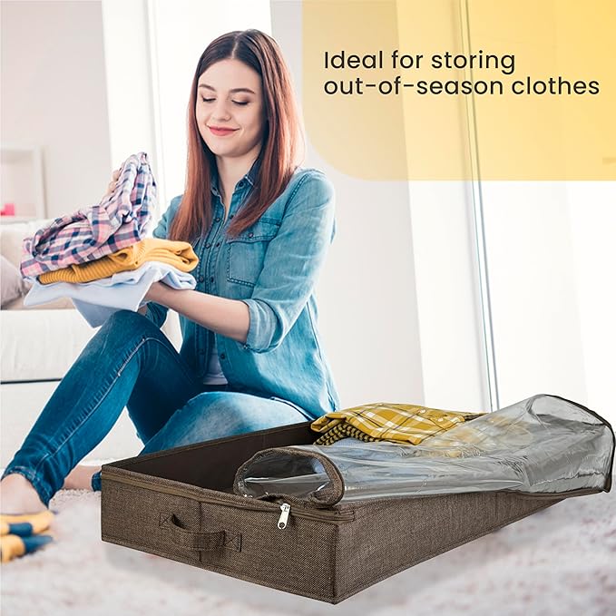 Brown Low Profile Under Bed Storage Containers 5 inches high, 33.8"x 17.7"x 5.1", Sturdy Underbed Shoe Storage Organizer, Foldable Fabric Under the Bed Storage Bins - Pack of 2