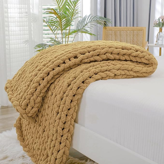 Bigacogo Chunky Knit Throw Blanket for Couch, 40x60 inches, 100% Hand Knitted with Thick Jumbo Chenille Yarn, Cozy Soft Large Rope Knot Cable Crochet Blankets for Sofa Bed Living Room, Goldenrod