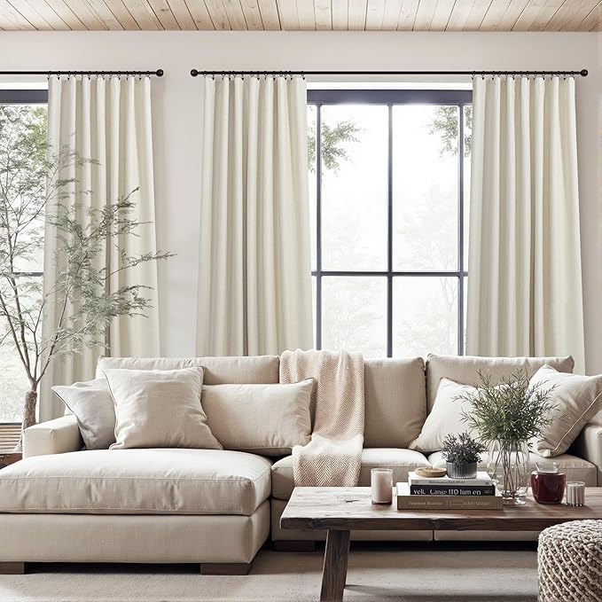 Burlap Blackout Curtains 96 Inch Length 2 Panels 100% Black Out Flax Linen Primitive Rustic Country Modern Farmhouse Thermal Drapes for Bedroom Living Room Dining Sliding Door 8 FT Long Back Tab Beige