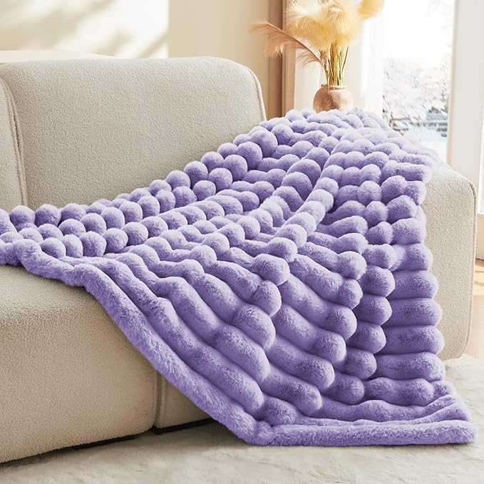 BEDELITE Faux Fur Throw Blanket for Couch, Soft and Cozy Luxurious 3D Striped Fluffy Blanket, 770GSM Thick Warm Plush Fuzzy Faux Rabbit Fur Blanket for Women Gift (Lavender, 60"x 80")