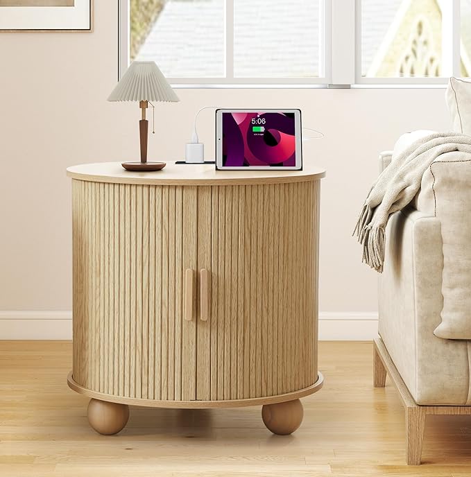 AVZEAR 24" Large Round End Table with Charging Station, Farmhouse Fluted Sofa Side Table with Sliding Tambour Door & Storage, Mid-Century Wood Nightstand for Living Room, Bedroom, Natural