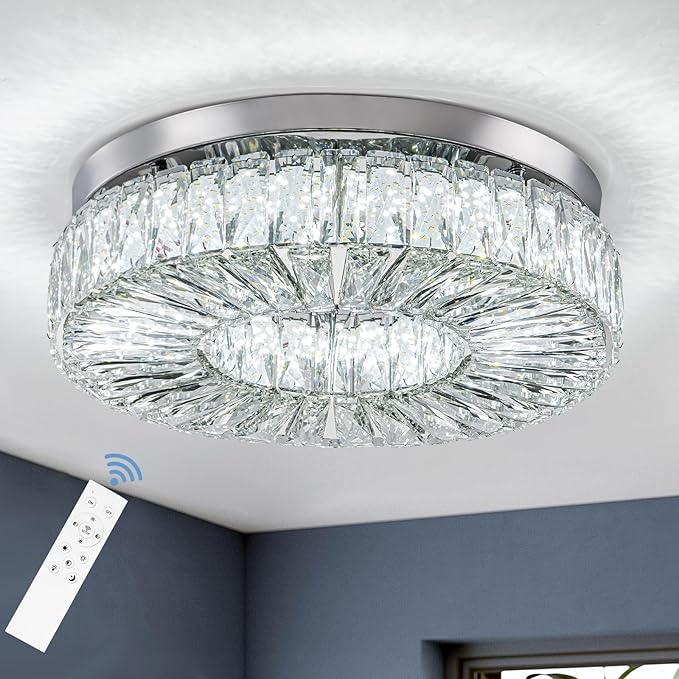 16.5 Inch Dimmable Chandelier with Remote Control LED Crystal Chandelier Modern Flush Mount Ceiling Light Fixtures for Living Room Bedroom Dining Room Entrance (dimmable-16.5")