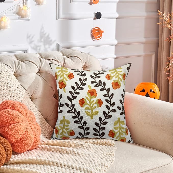 Alysheer Floral Embroidered Fall Decorative Throw Pillow Cover 18"x 18", Farmhouse Cottage Orange Flowers Brown Leaves Knit Pattern Cotton Canvas Cushion Case for Sofa Couch Bed Living Room Decor