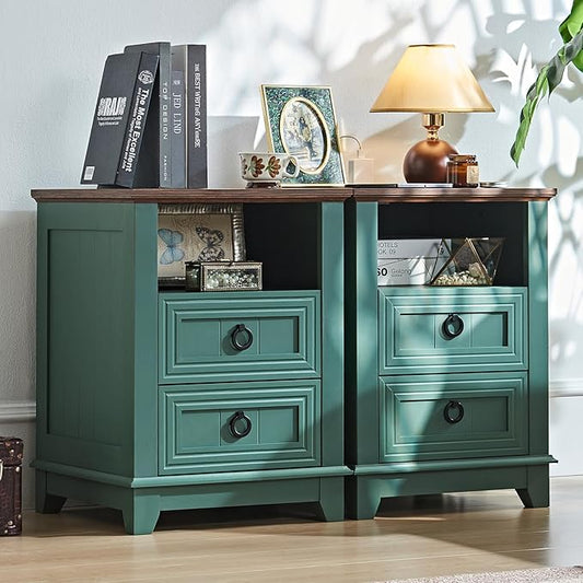 18" Farmhouse Night Stands Set of 2 with Charging Station, 2 Drawers Bedside End Table, Green Wooden Nightstand, Bed Side Table Cabinet with Open Shelf for Bedroom Living Room Office