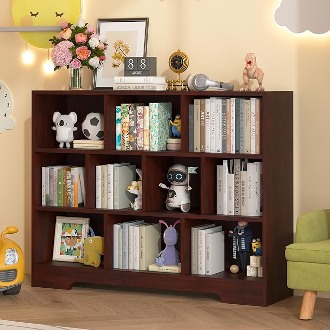 Book Shelf, 10 Cubes Storage Organizer, 3-Tier Open Shelf Wooden Bookcase, Freestanding Cherry Bookshelf Cube Shelf for Bedroom, Living Room, Home Office