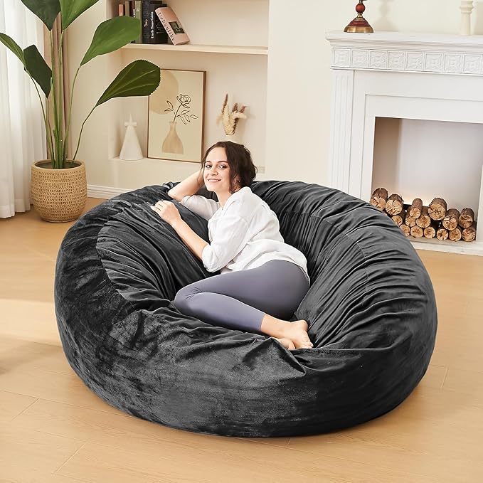 Bean Bag Chairs for Adults - Memory Foam Furniture BeanBag Chair - Kids/Teens Sofa with Soft Micro Fiber Cover - Round Fluffy Couch for Living Room Bedroom College Dorm - 5 ft, Carbon Black