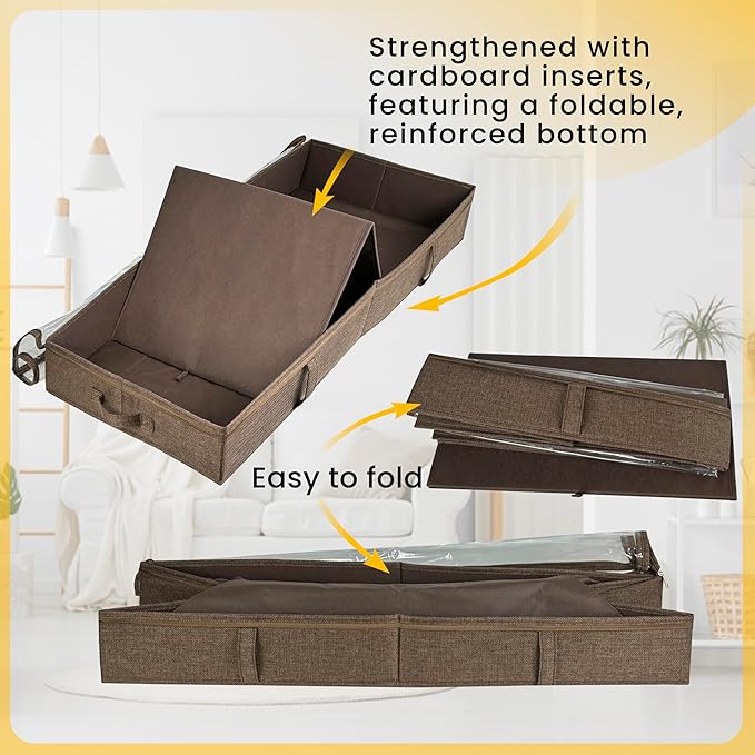Brown Low Profile Under Bed Storage Containers 5 inches high, 33.8"x 17.7"x 5.1", Sturdy Underbed Shoe Storage Organizer, Foldable Fabric Under the Bed Storage Bins - Pack of 2