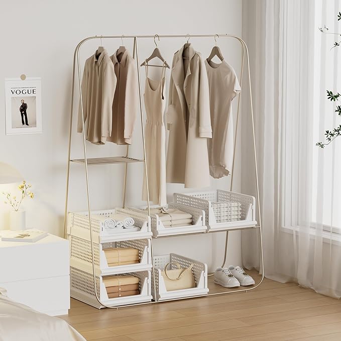 5 Pack Stackable Plastic Storage Basket Closet Organizer Bin Foldable Clothes Organizer Storage Drawer Shelf Container for Living room Bathroom Kitchen Office (2L+3S)