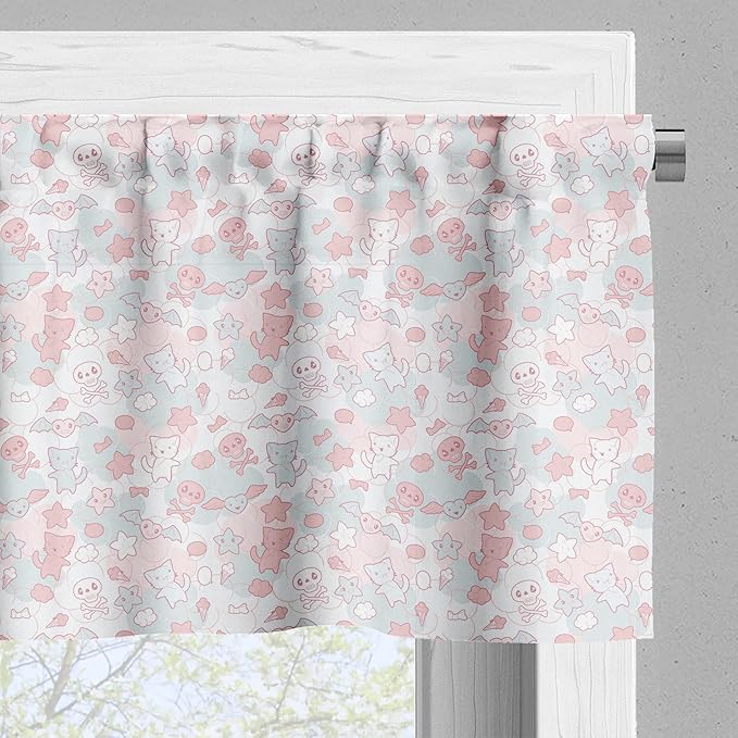Ambesonne Cartoon Valance & Tier Curtain 3 pcs Set, Styled Cats Bats and Skulls Japanese Inspired Kawaii Design, Window Treatments for Kitchen Room Decor, 55" x 36", Pale Pink