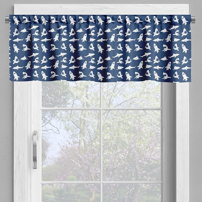 Ambesonne Shark Valance & Tier Curtain 3 pcs Set, Fish Pattern Various Gestures Have a Bite Danger Humor Nautical Design, Window Treatments for Kitchen Room Decor, 55" x 36", Blue Violet