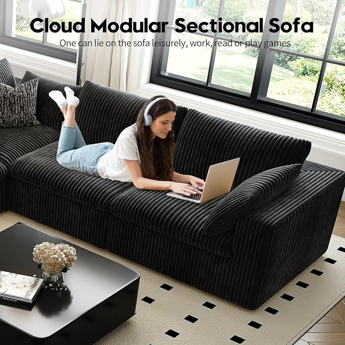 157.5" Cloud Couch Modular Sectional Sofa for Living Room,Modern Sofa with Deep Seat，4 Seater Boneless Couch,Comfy Upholstered Corduroy Couches for Apartment, Studio, Office,Bedroom，Black
