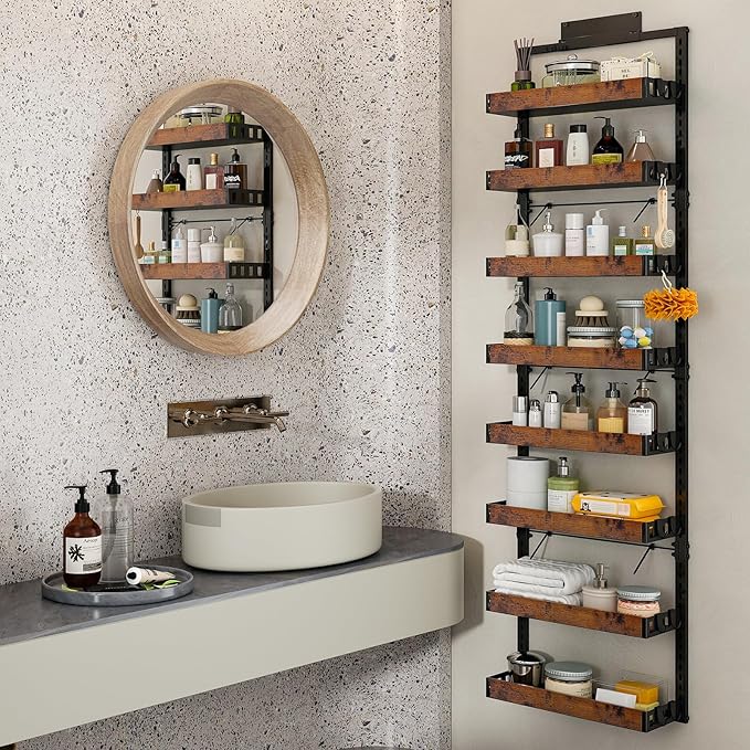 bukfen Over the Door Pantry Organizer, 8-Tier Adjustable Wooden Basket Kitchen Pantry Door Organization and Storage,2 in 1 Wall Mount or Hanging Heavy-Duty Metal Hanging Kitchen Spice Rack,1 Pack