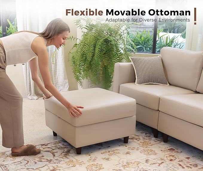 118.5" Faux Leather Modular Sectional Convertible Sofa, L Shaped Couch Set for Living Room, Large 8-Seater Comfy Cloud Couches with Movable Storage Ottoman DIY Combination - Whitesand