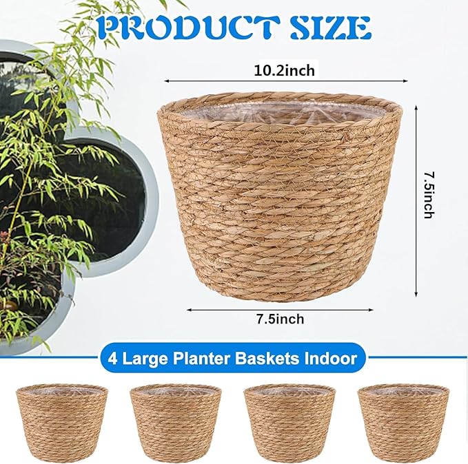 4 Pcs Large Premium Seagrass Planter Basket with Plastic Lining Natural Stylish Planter Baskets Indoor Outdoor Plants Woven Wicker Baskets for Plants Flower Pots Cover and Room Decor(10.2x7.5x7.5")