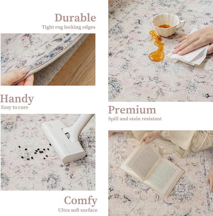 5'x7' Vintage Floral Rug - Persian Inspired Low-Pile Faux Wool Area Rug, Non-Slip Washable Rug for Bedroom, Nursery, Dorm, Soft Pink Boho Chic Decor