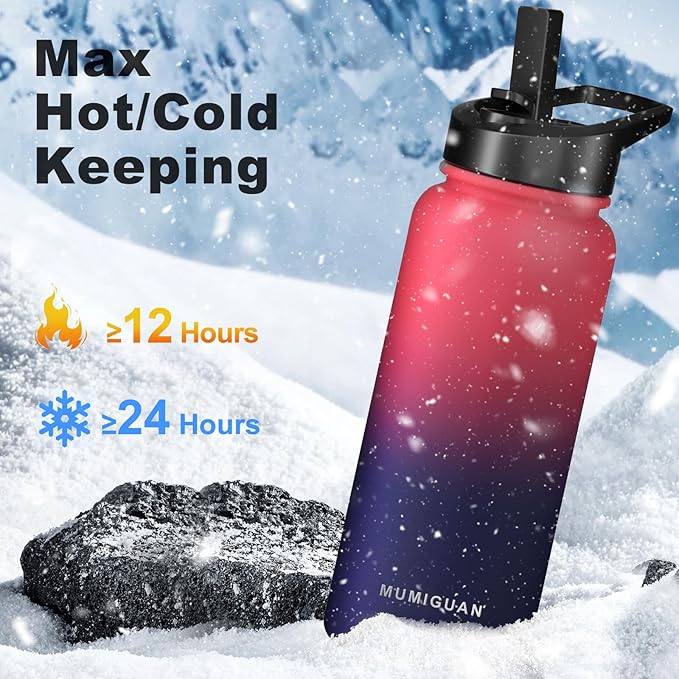 40oz Insulated Water Bottle with 3 Lids(Straw, Hand and Spout Lid), Double Vacuum Stainless Steel Metal Water Flask(BPA-free, CPC) for Sports, Camping, Hiking, Cycling, Fitness and more(Dark Rainbow)