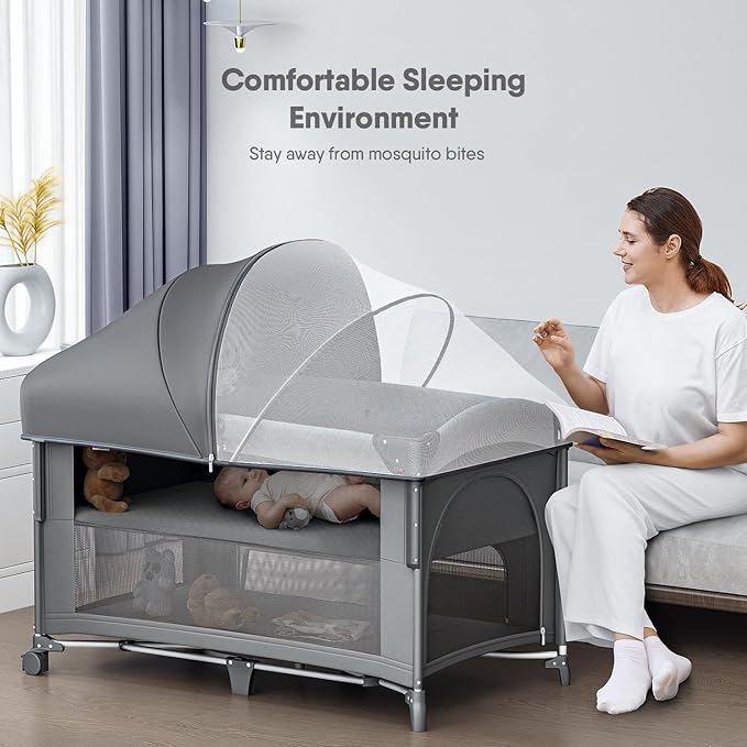 4 in 1 Baby Bassinet, Pack and Play, Bedside Crib Sleeper, Diaper Changer - Comes with Mattress, Mosquito Net，Bottom Storage and Toy Bar for Newborn to Toddles