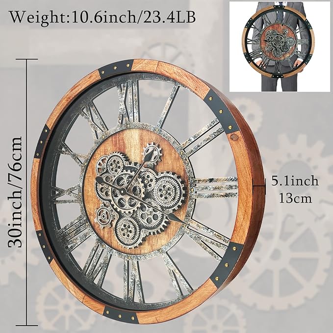 30 Inch Moving Gear Wall Clock, Oversized Wall Clocks, Clock Living Room Decor, Solid Wood Frame, Battery Operated, Large Wall Clock with Steampunk Industrial for Fireplace(Brown)