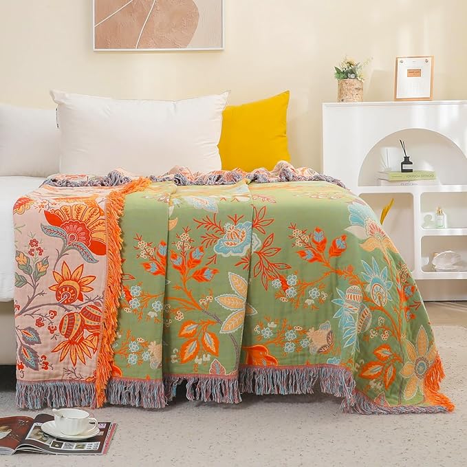 Boho Throw Blanket for Bed-Soft Cotton Rustic Quilt 80"×90",Floral Printed Farmhouse Decor Muslin Bed Blankets for Sofa Couch Chair, Seasons