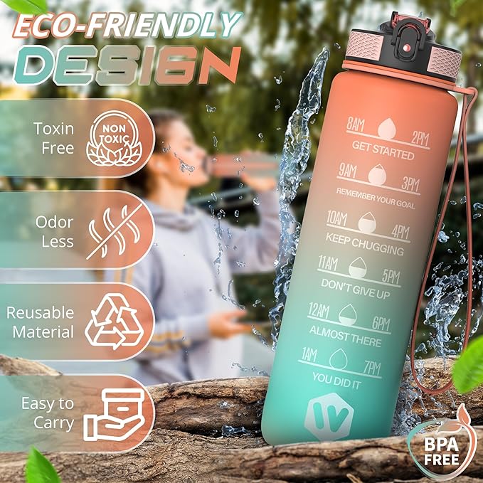32 oz Water Bottle with Time Marker- Leak-Proof & BPA Free Reusable Gym Water Bottle - Easy to Carry Motivational Water Bottle for Fitness, Sports, Outdoor, (Mermaid with covered lid)