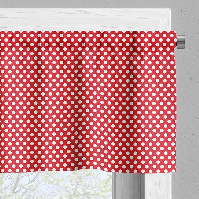 Ambesonne Retro Valance & Tier Curtain 3 pcs Set, 50s 60s Iconic Pop Art Style Big White Polka Dots Picnic Vintage Old Theme Image, Window Treatments for Kitchen Room Decor, 55" x 24", Vermilion White