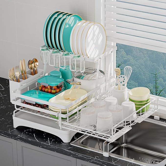 2 Tier Large Dish Drying Rack - Extendable Dish Rack, 2-in-1 Anti-Rust Stainless Steel Dishrack for Kitchen Counter and Sink, Dish Strainer with Utensil Holder & Cup Holder(White)