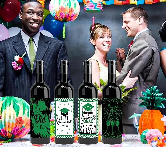 24Pcs Graduation Gift Wine Labels Congrats Grad Wine Bottle Stickers Graduation Party Waterproof Wine Bottle Decoration Cover for College Congrats Graduation Party Decorations, 4 Design