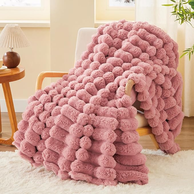 BEDELITE Faux Fur Throw Blanket for Couch, Soft and Cozy Luxurious 3D Striped Fluffy Blanket, 770GSM Thick Warm Plush Fuzzy Faux Rabbit Fur Blanket for Women Gift (Pink, 60"x 80")